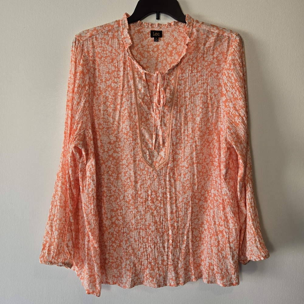 Lee Orange White Floral Lightweight Gauze Long Sleeve Tunic Top Plus Size 3X